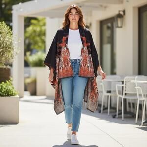 BP Women's Open Front Poncho Wrap‎ Cape with Orange and Gray Pattern
